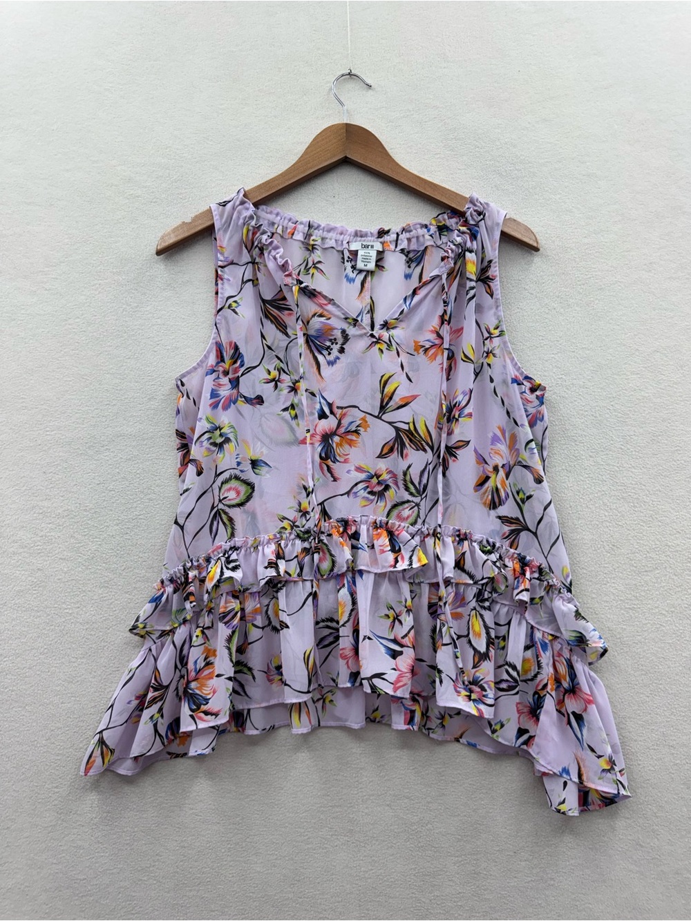 Bar lll Women’s Medium Sleeveless Ruffle Blouse Purple Floral